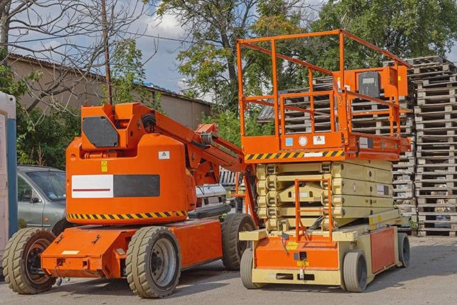 industrial forklift navigating through packed warehouse shelves in Bruce